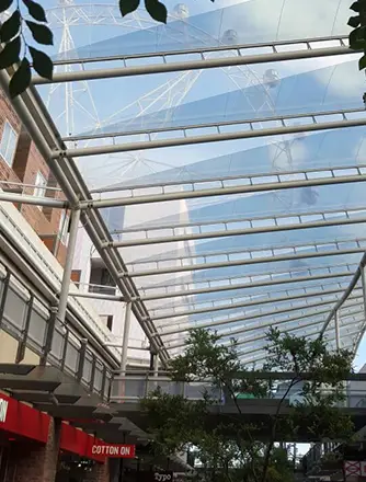 The translucent Texlon® ETFE roof by Vector Foiltec creates a safe and comfortable environment at the The District Docklands in Melbourne.