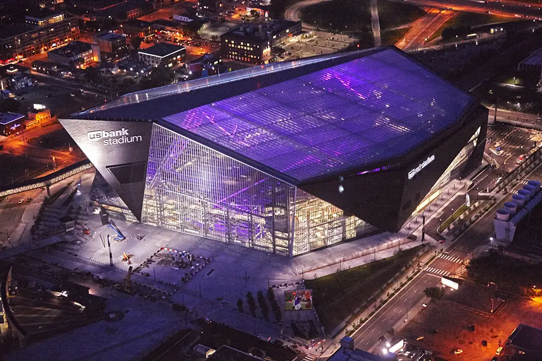 The ETFE roof illuminated at night