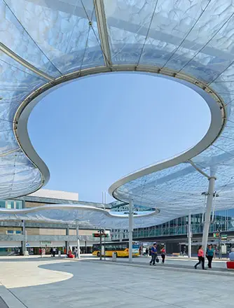 The shape of the Texlon® ETFE canopy at the Bus Station Aarau, Switzerland, has been compared to a lingering cloud.