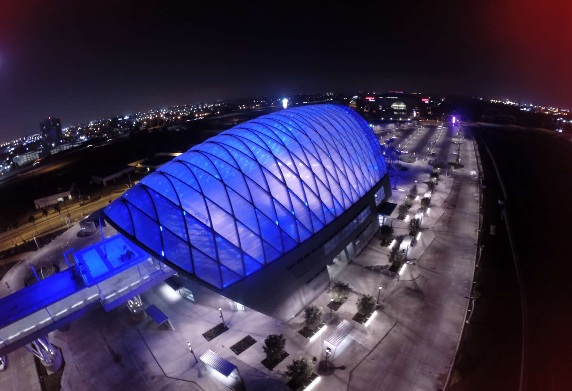 Illuminated aerial image showing the magnitude of the lightweight design with ETFE.