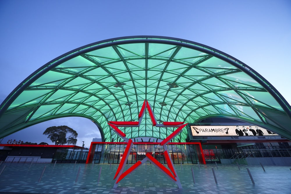 The innovative entrance to the Adelaide Entertainment Center, nicknamed The Orb, is a large dome shaped foyer, comprised of two layers of Texlon® ETFE foils.