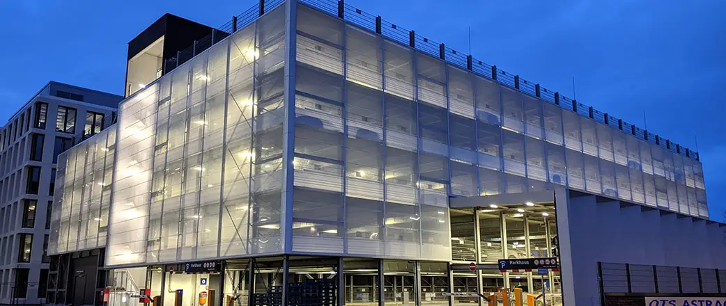 Car park in Bremen with white printed ETFE facade.