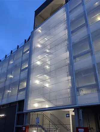 Illumination of the Texlon ETFE facade at night.