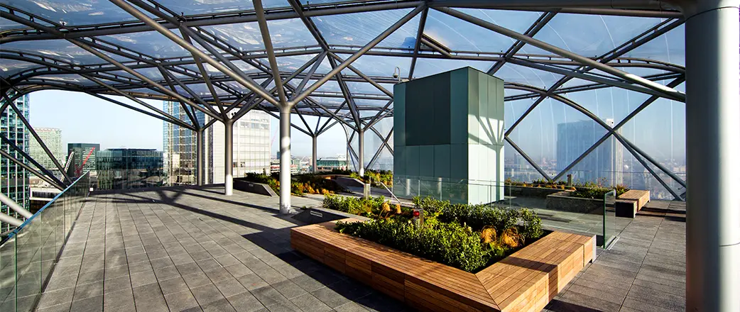 The roof canopy of 6 Bevis Marks Roof Garden was equipped with foil cushions made of Texlon® ETFE by Vector Foiltec - comprising a 3D printed Structure.