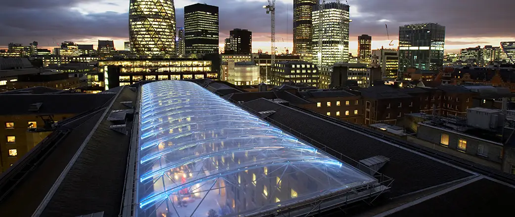 The redevelopment of Devonshire Square by Fletcher Priest Architects incorporates a Texlon® ETFE covered courtyard atrium by Vector Foiltec.