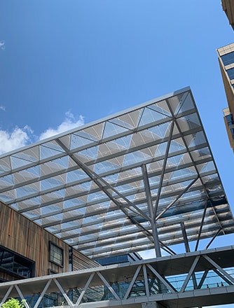 The Texlon® ETFE cushions of the Paya Lebar Quarter have a unique feature that allows the canopy to stand out.