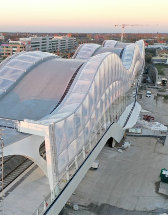 View of the new platform hall at tracks 11 and 12 of Belgium’s stunning architecture for the public infrastructure project Mechelen train station.