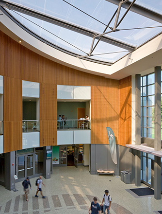 Lobby of the WELL, in the bright daylight under the Texlon® ETFE skylight.