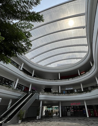 Look up:  A Texlon ETFE canopy covers the entrance of K Mall Cambodia.  .
